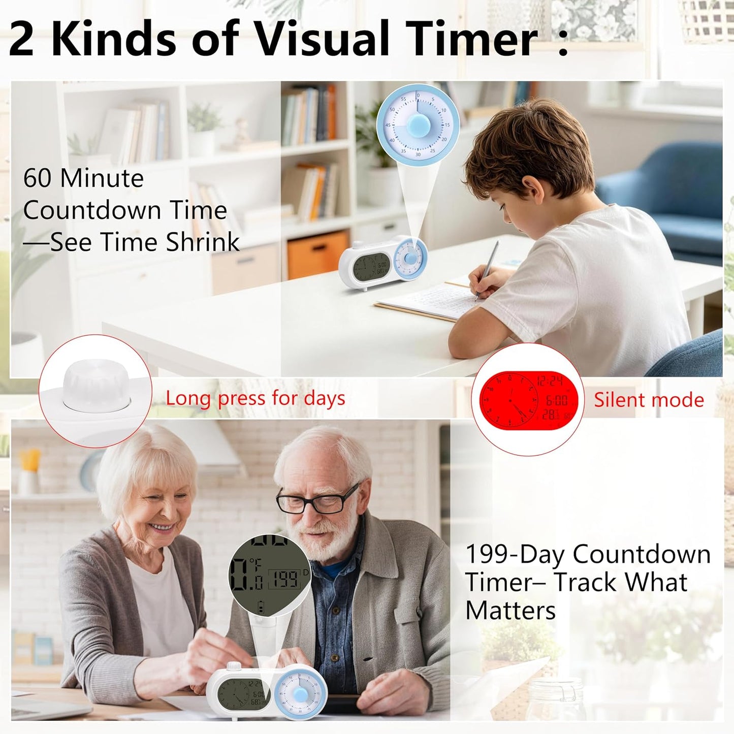 Lumuasky Digital Alarm Clock Visual Timer Silent Night Light with 60-Minute Countdown & 199-Day Count-Up, 3 Alarms, Snooze, Temperature Date Management Clock for Classroom, Home, Study (Blue)