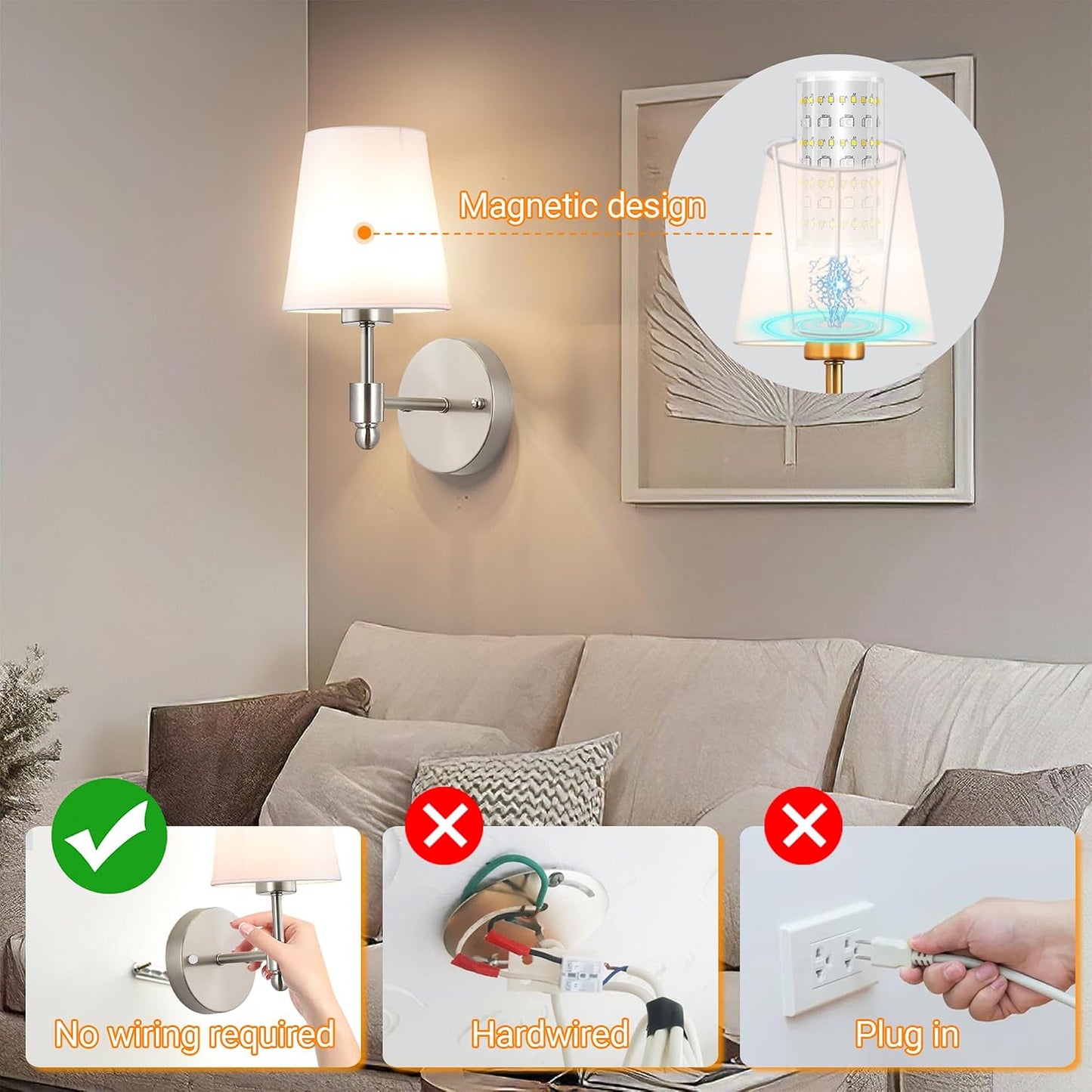 Battery Operated Wall Sconces Set Of Two, Wireless Battery Wall Light With 10000mAh RGB Rechargeable Magnetic Bulb, Rechargeable Wall Sconce With Remote Control For Bedroom, No Electrician Required