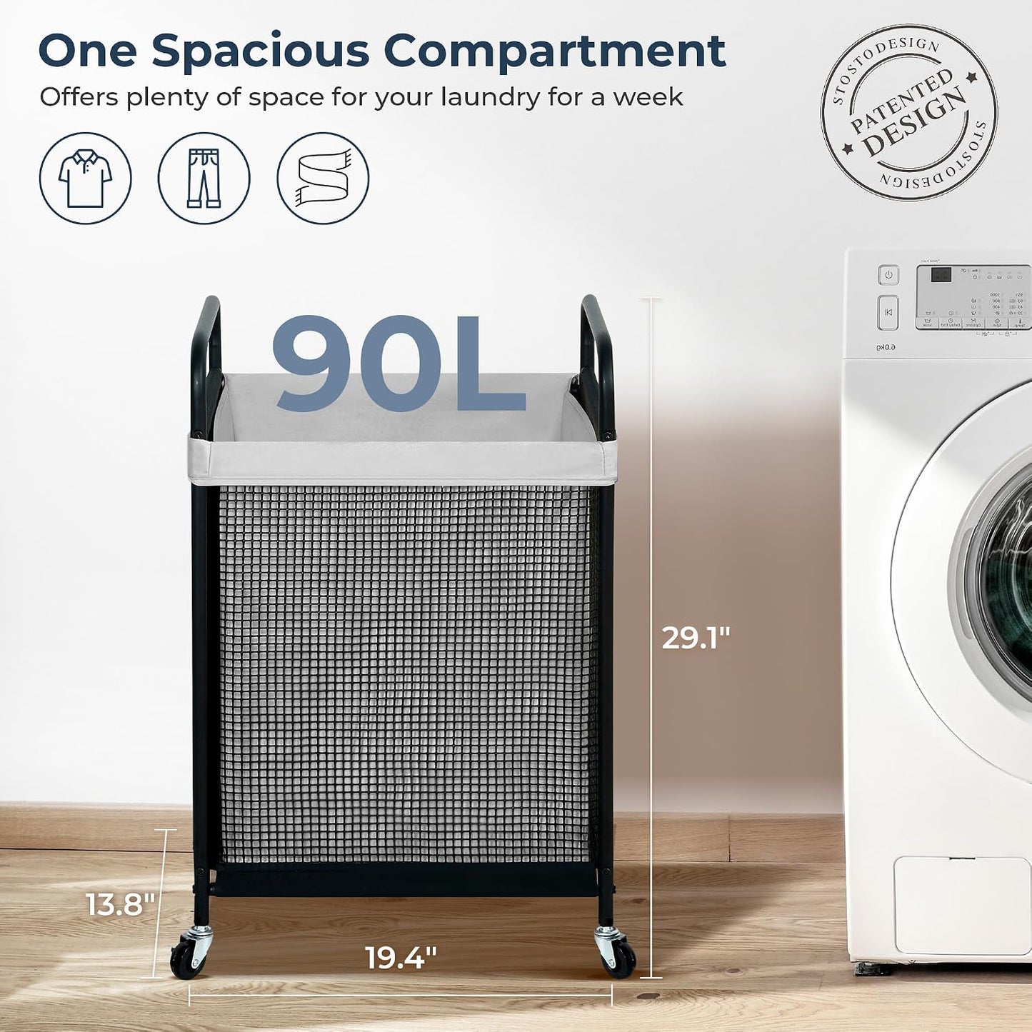 STO STO Laundry Hamper 2 Section, 100L Rolling Laundry Sorter Cart with Removable and Washable Liner Bag, Clothes Hamper with Wheels and Metal Handle for Laundry Room and Bedroom