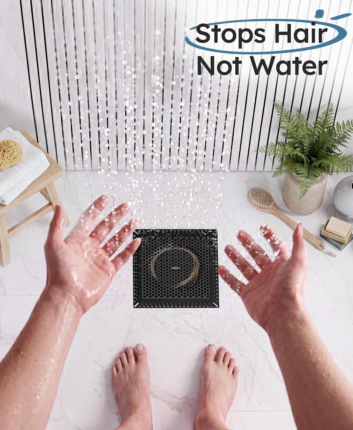 Square Shower Drain Hair Catcher, Anti-Clogging, Gray, 4 inch | Fast Drainage, Anti-Slip & Stays in Place, Stainless Steel & TPE Material, Easy Clean Fits Bathroom Hair Catcher for Shower