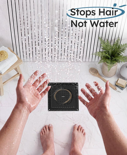 Square Shower Drain Hair Catcher, Anti-Clogging, Gray, 4 inch | Fast Drainage, Anti-Slip & Stays in Place, Stainless Steel & TPE Material, Easy Clean Fits Bathroom Hair Catcher for Shower