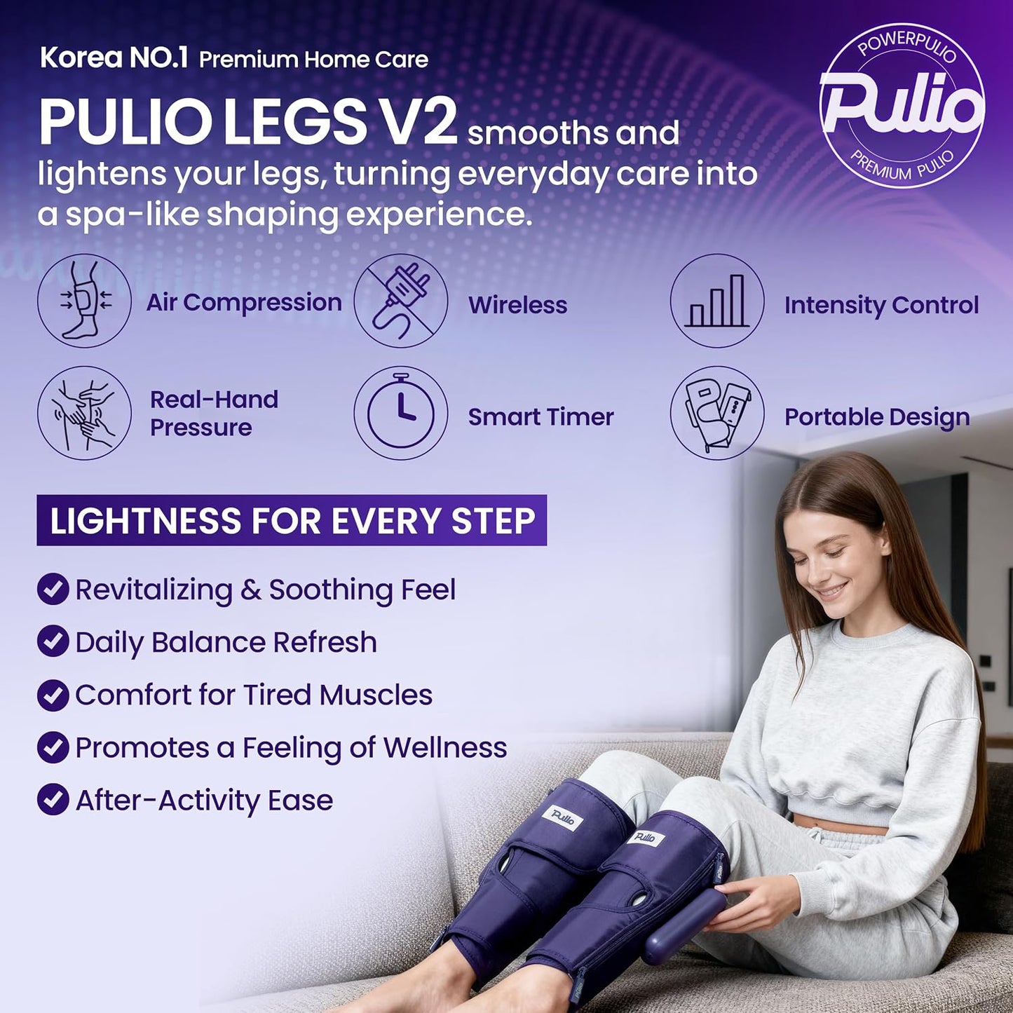 Leg Care Device V2 with New Controller Purple - 3 Modes, 3 Intensities - USB-C Rechargeable Cordless
