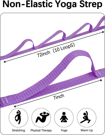 10 Loop Yoga Stretching Strap for Physical Therapy - Non-Elastic Exercise Band for Pilates, Yoga, Stretching for Women & Men