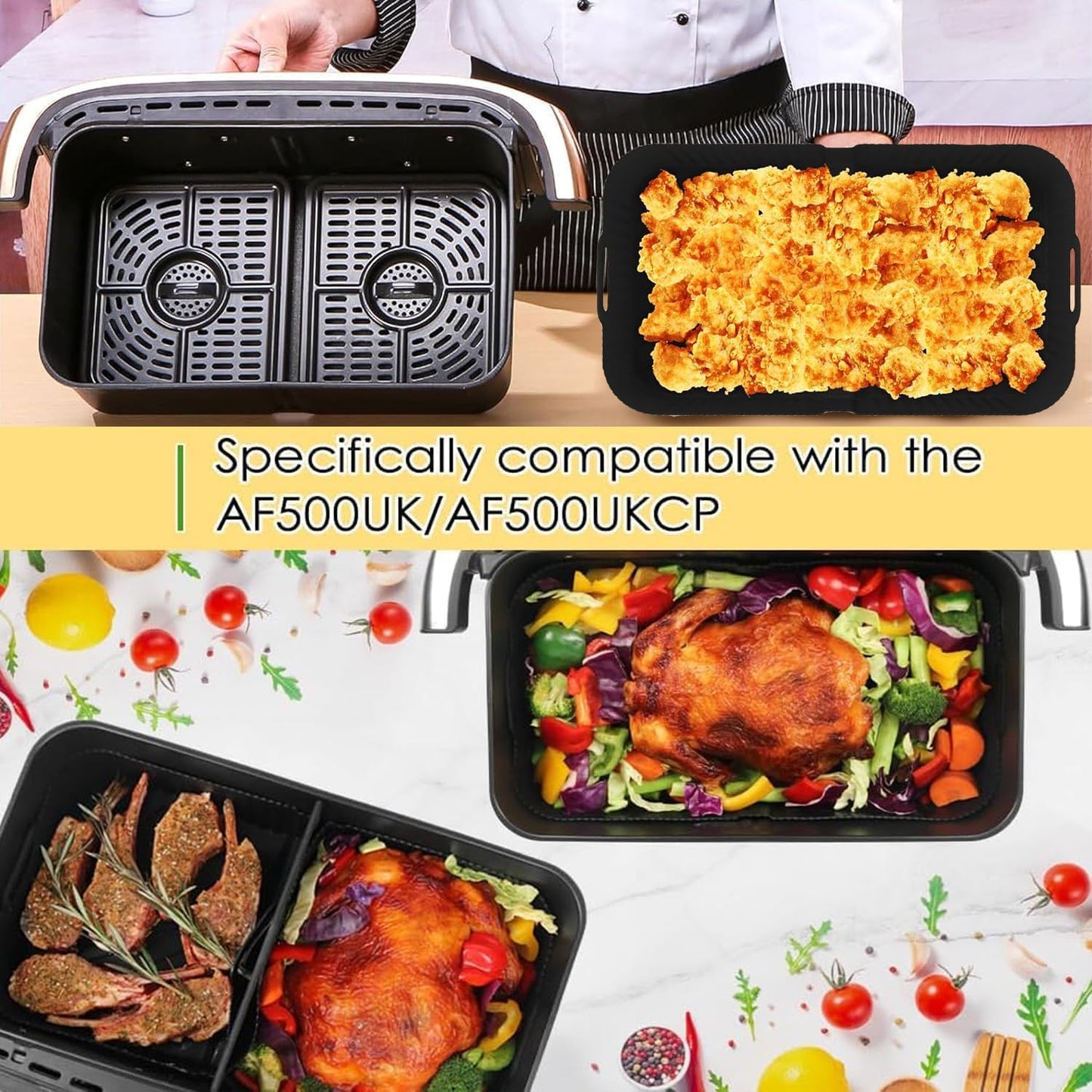 Air Fryer Silicone Liners for Ninja DZ071, 3 Pack Reusable 7-QT DualZone Megazone Air Fryer Accessories, 2 Pcs Liners for Dual 3.5QT Baskets 1 Pcs Liner for 7-QT Megazone Basket