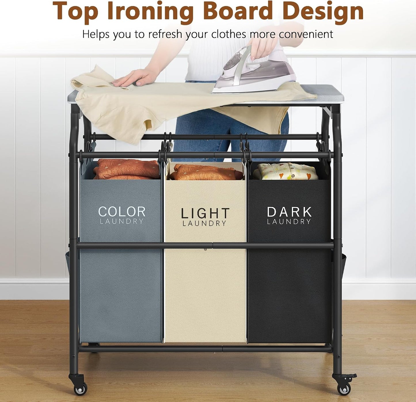 Hoctieon 3 Section Laundry Sorter with Iorning Board, Laundry Hamper, Black | Lockable Wheels, Laundry Basket Organizer with Wheels, Heavy Duty Clothes Organizer, Large Clothes Separator, Removable Bags