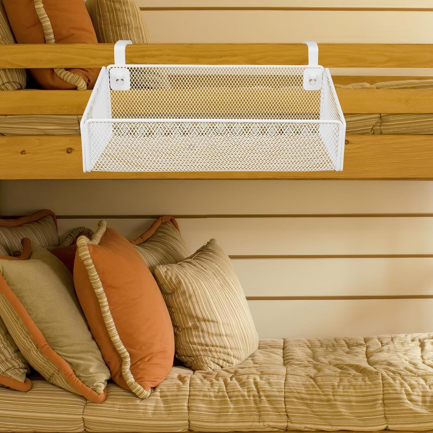 Luxshiny Bedside Hanging Storage Basket, Beside Shelf Metal Organizer Rack | No Drilling Required, Attaches to Bed Frame or Desk, Stores Phone and Books, 1 Basket with 10 Hooks