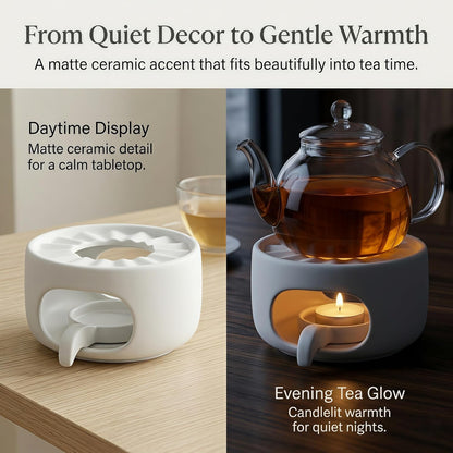 Ceramic Teapot Warmer with Removable Candle Spoon, Tea Pot Warmer Base | Deep matte black finish; 4.72 in low-profile base fits flat-bottom glass or ceramic teapots and uses a standard tealight.