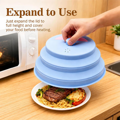 10 Inch Collapsible Silicone Microwave Splatter Cover with water steamer | Silicone microwave cover with water steamer vented splatter guard handle, BPA-Free dishwasher safe kitchen gadgets,Blue&Pink