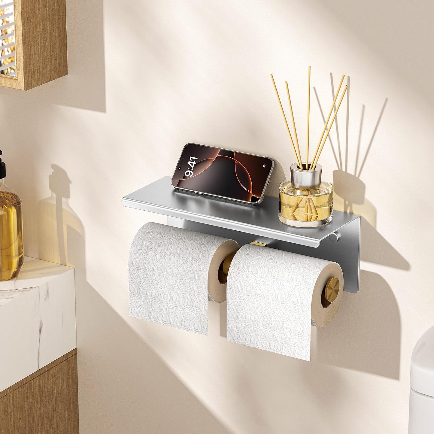 FORIOUS Toilet Paper Holder with Shelf, Commercial Toilet Paper Dispensers | Brushed Nickel | Wall Mount Bathroom Tissue Holder | SUS304 Stainless Steel Rustproof | Double Tissue Roll Holder