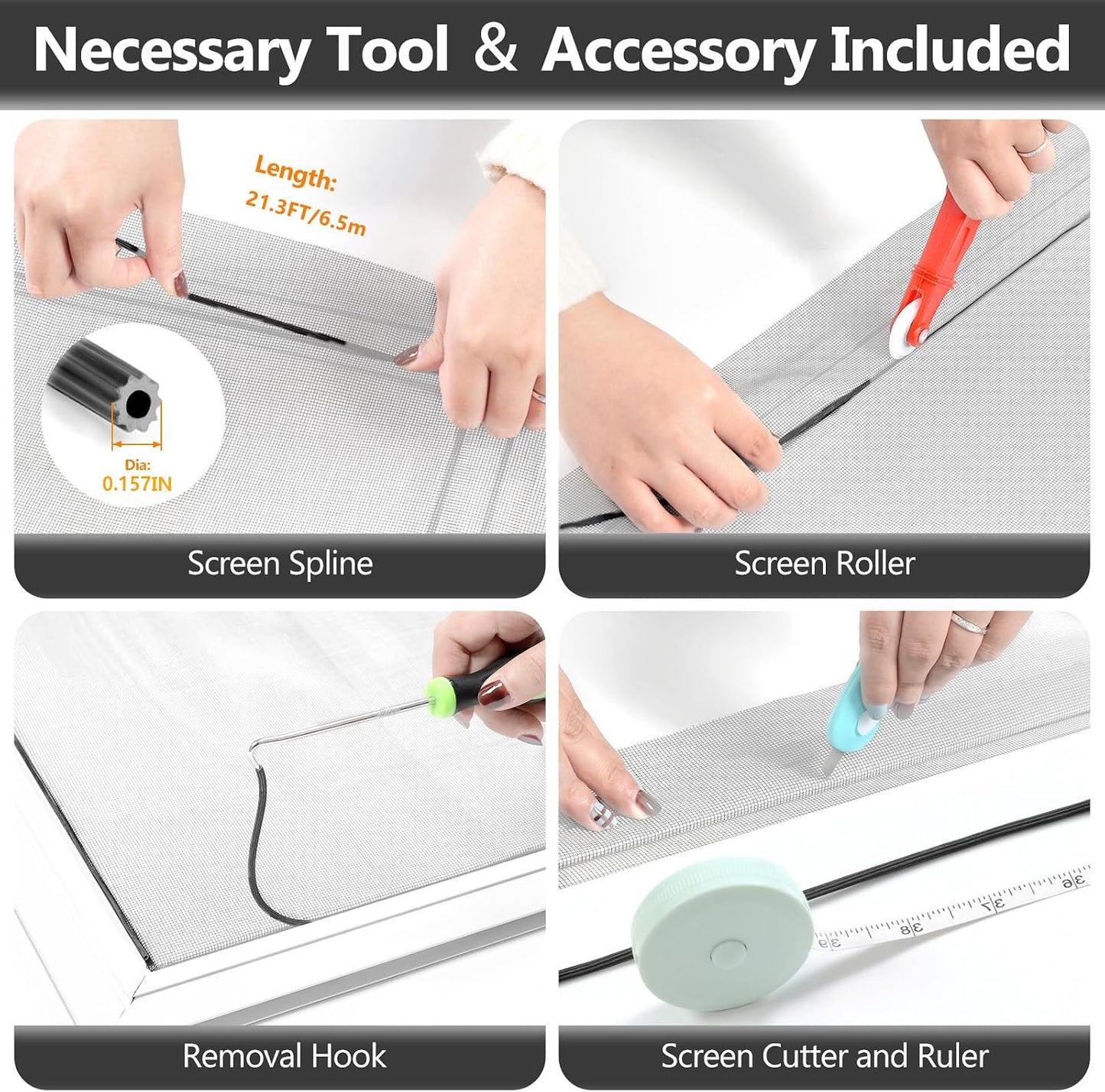 Secopad Window Screen and Screen Door Mesh Repair Kit, Black, 48in x 177in | Replacement Tools Kit, Easy to Install, Extra Large, Durable Fiberglass, Pet and Kid Friendly, For Window Door Patio & Porch