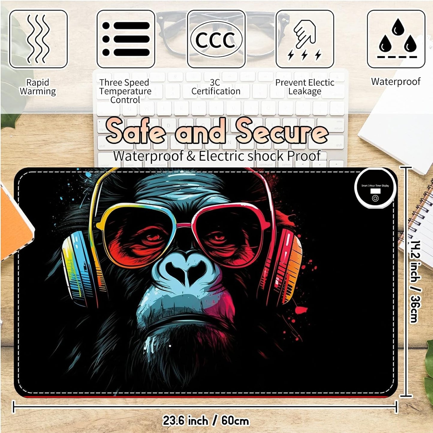 Heated Desk Pad Heated Large Mouse Pad, Electric Quickly Warm Desk Mat with 3 Levels Heating 3 Hours Auto Shut-Off, 31.5" x 13" Warm Gaming Mousepad Hand Foot Warmer, Baby Elephant