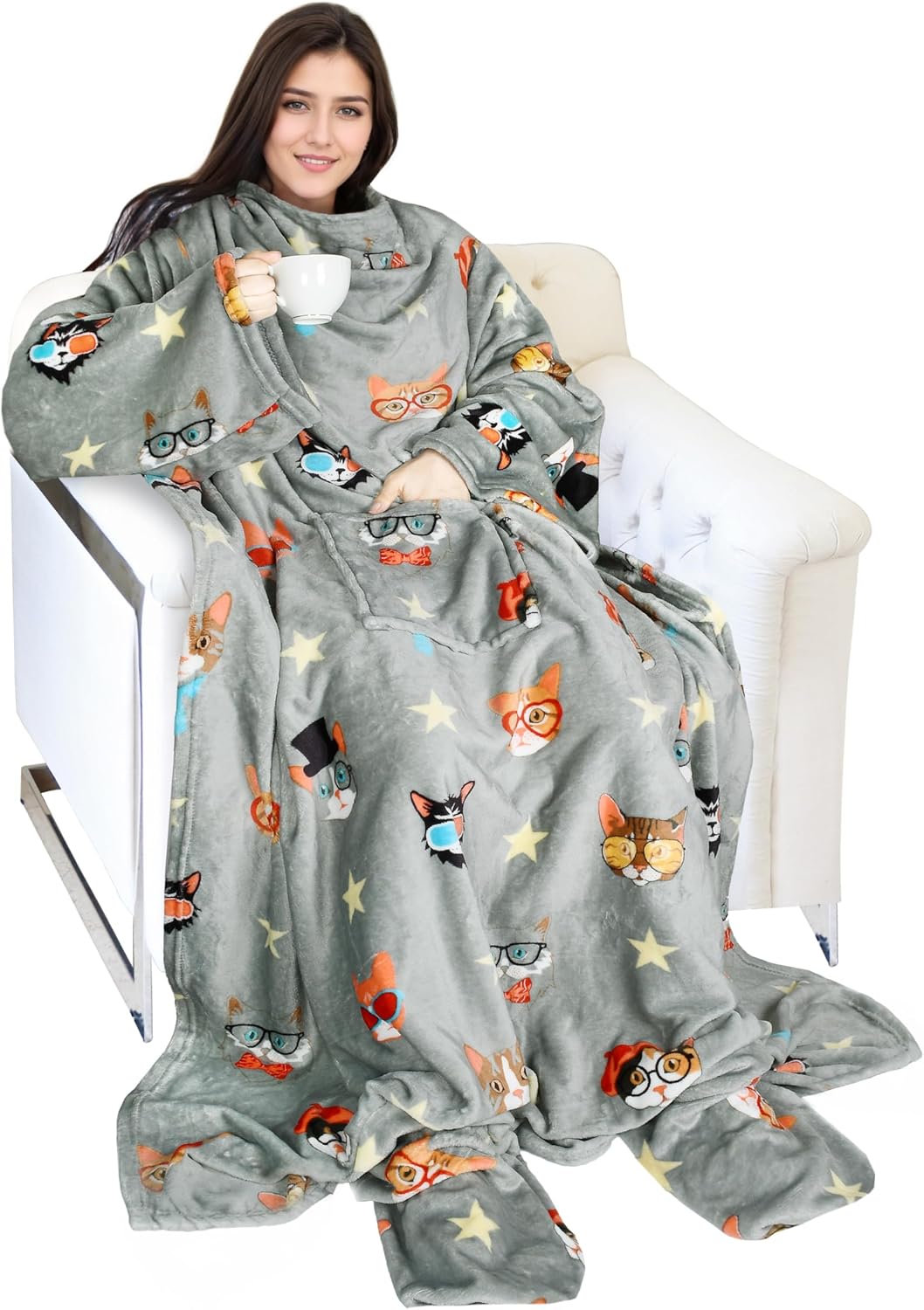 Catalonia Wearable Blanket with Sleeves & Foot Pocket for Adults | Soft Fleece Throw Wrap with Hands-Free Comfort, Perfect for Reading, TV Time & Relaxing, Christmas Gift for Women & Men