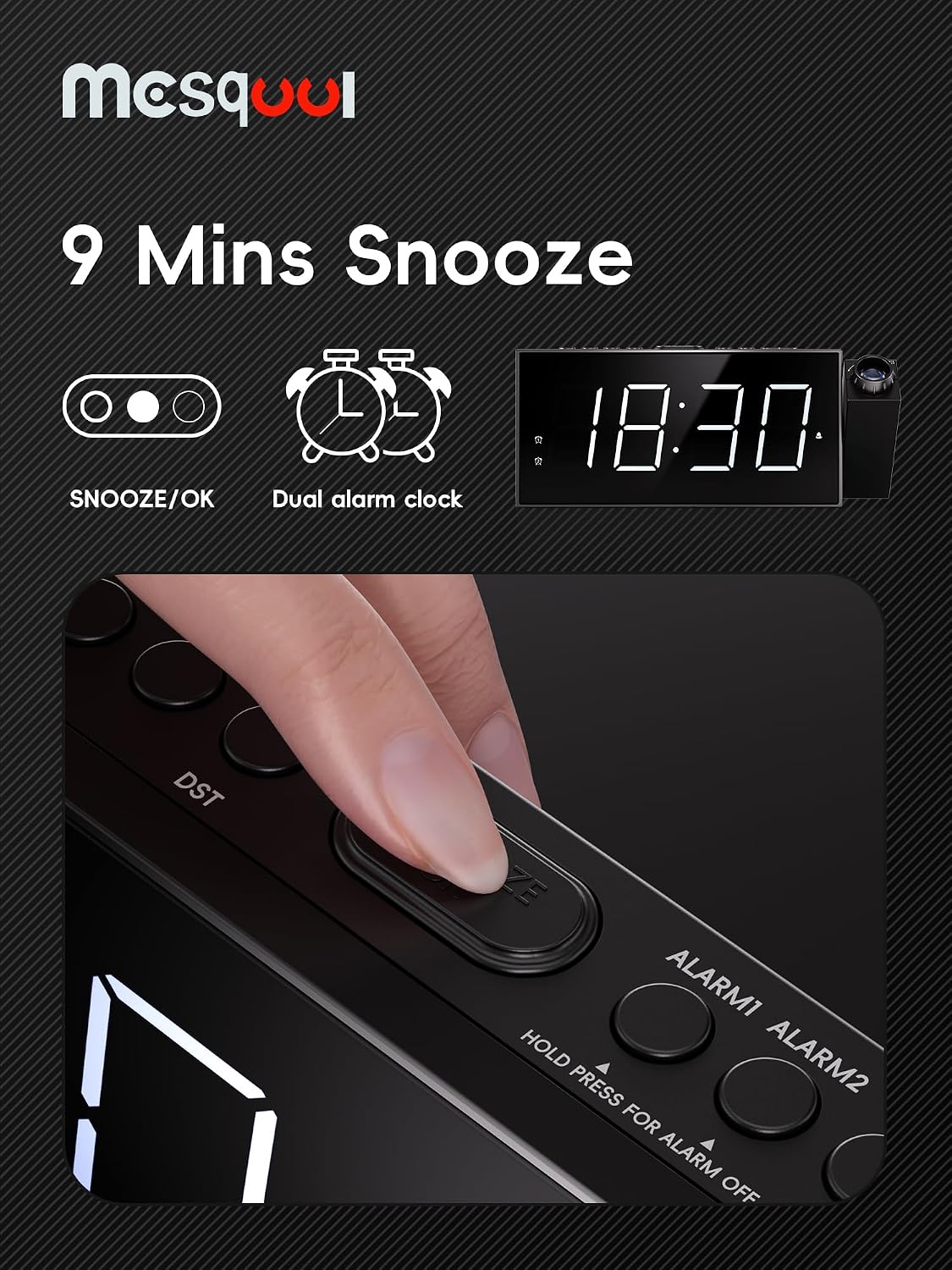 Mesqool Projection Alarm Clock with Bed Shaker, Dual Alarms