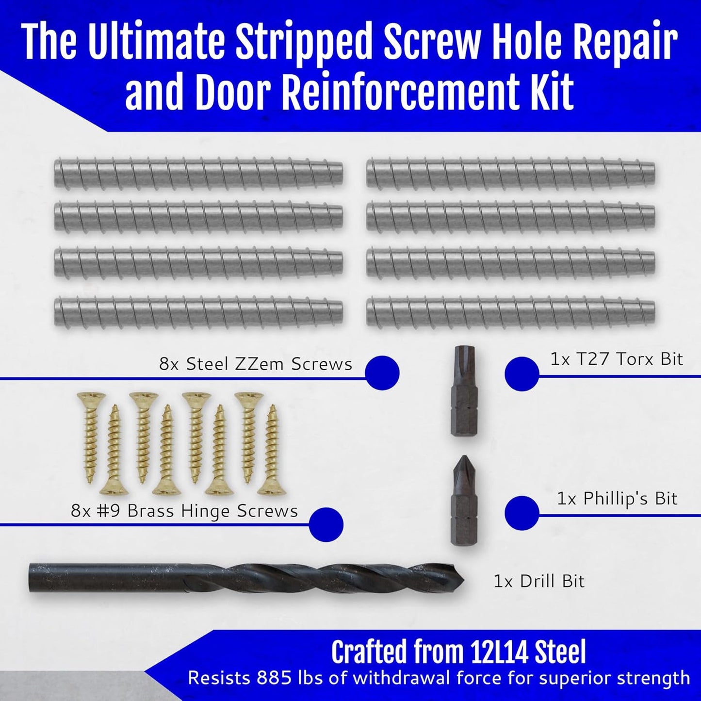 4-Pack #9 x 3 Permanent Stripped Door Hinge Screw Hole Repair Kit | Reinforces hinges, strike plates and door jambs. Installs in minutes. Made in USA