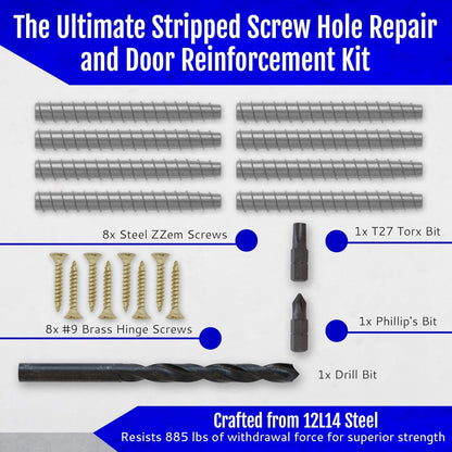 4-Pack #9 x 3 Permanent Stripped Door Hinge Screw Hole Repair Kit | Reinforces hinges, strike plates and door jambs. Installs in minutes. Made in USA