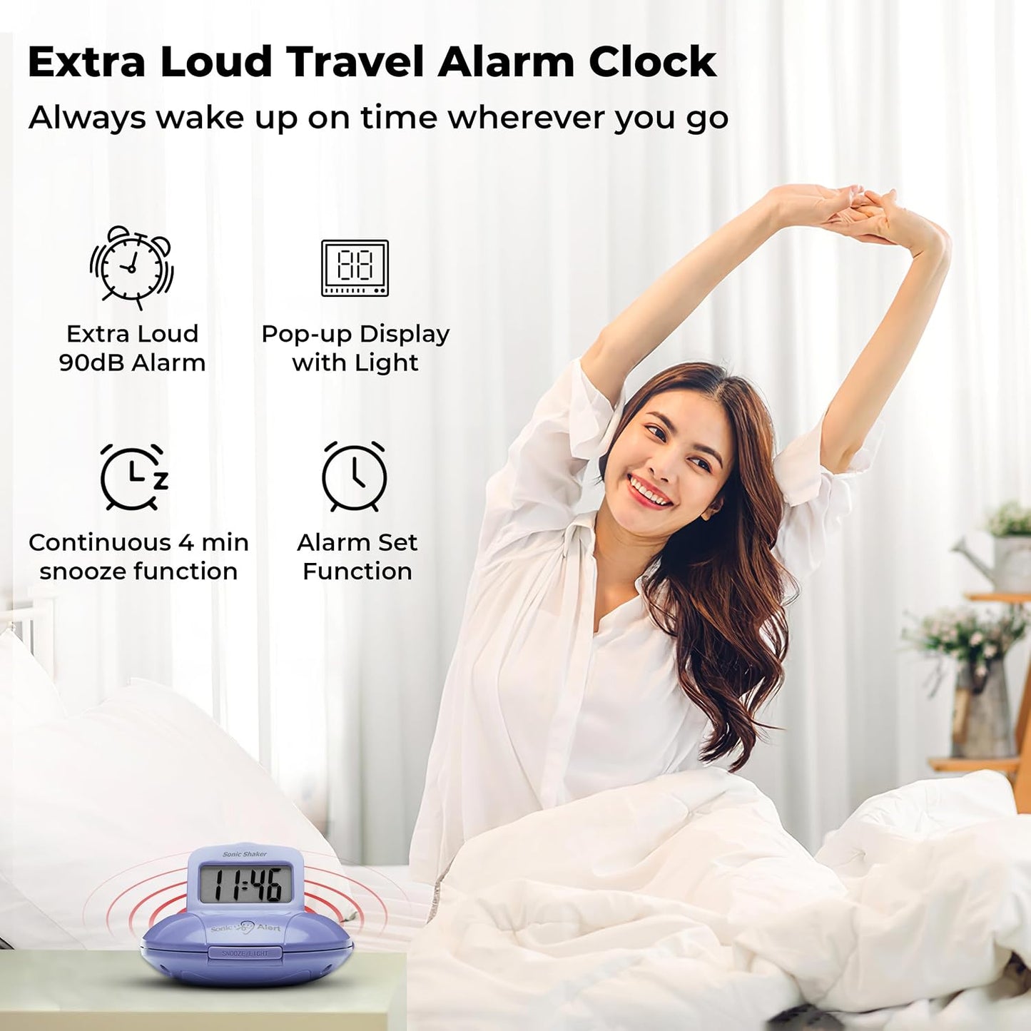 Sonic Alert Digital Alarm Clock - Small Travel Clocks for Heavy Sleepers - Battery Operated with Vibrating Bed Shaker - Purple