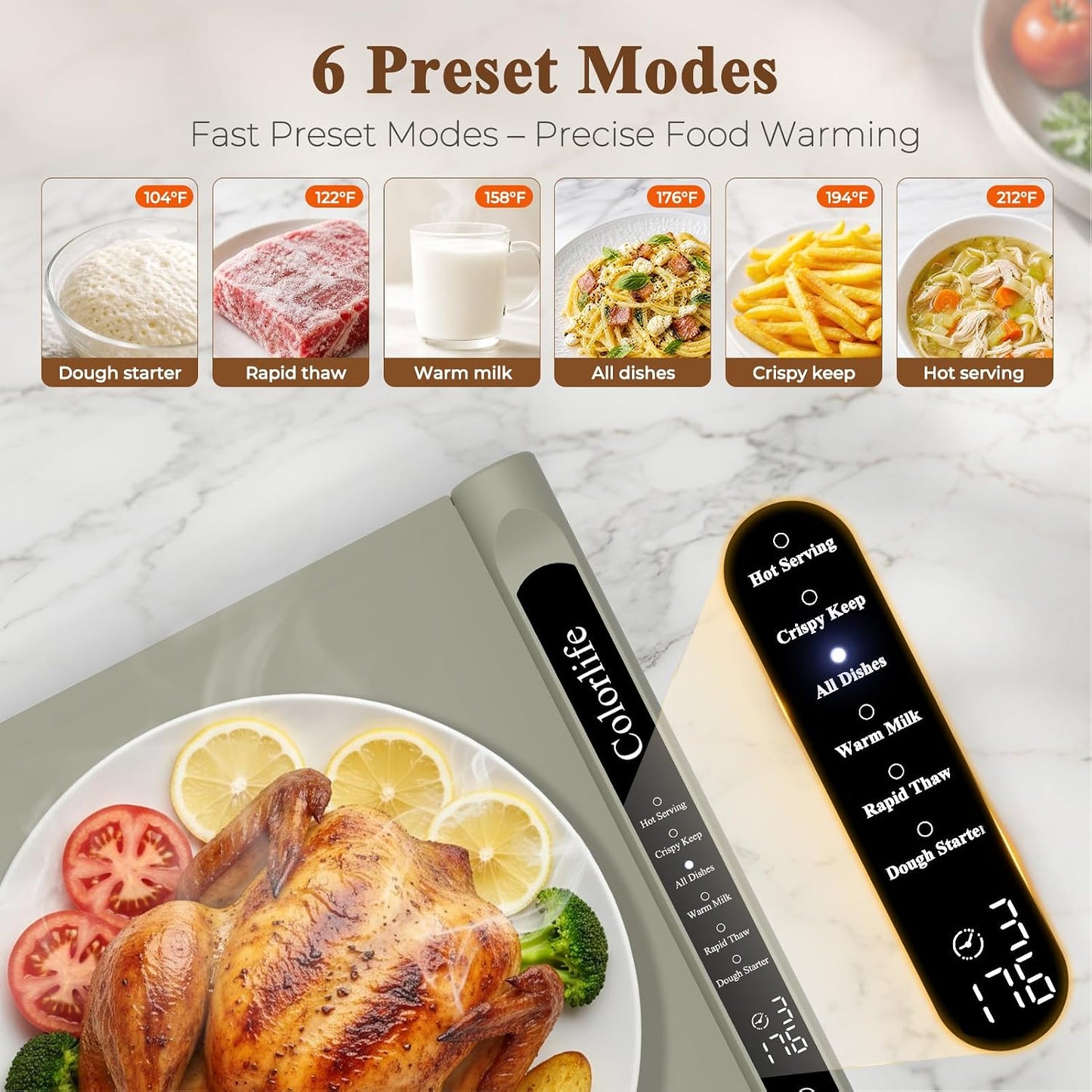 Warming Mat for Food, Electric Warming Tray with Heat-Resistant Pad-L Grey | Colorlife 6 Preset Modes, 7 Temps, 6H Timer, Child Lock, Auto-Memory, Rollable Silicone Food Warmer for Buffet, Parties