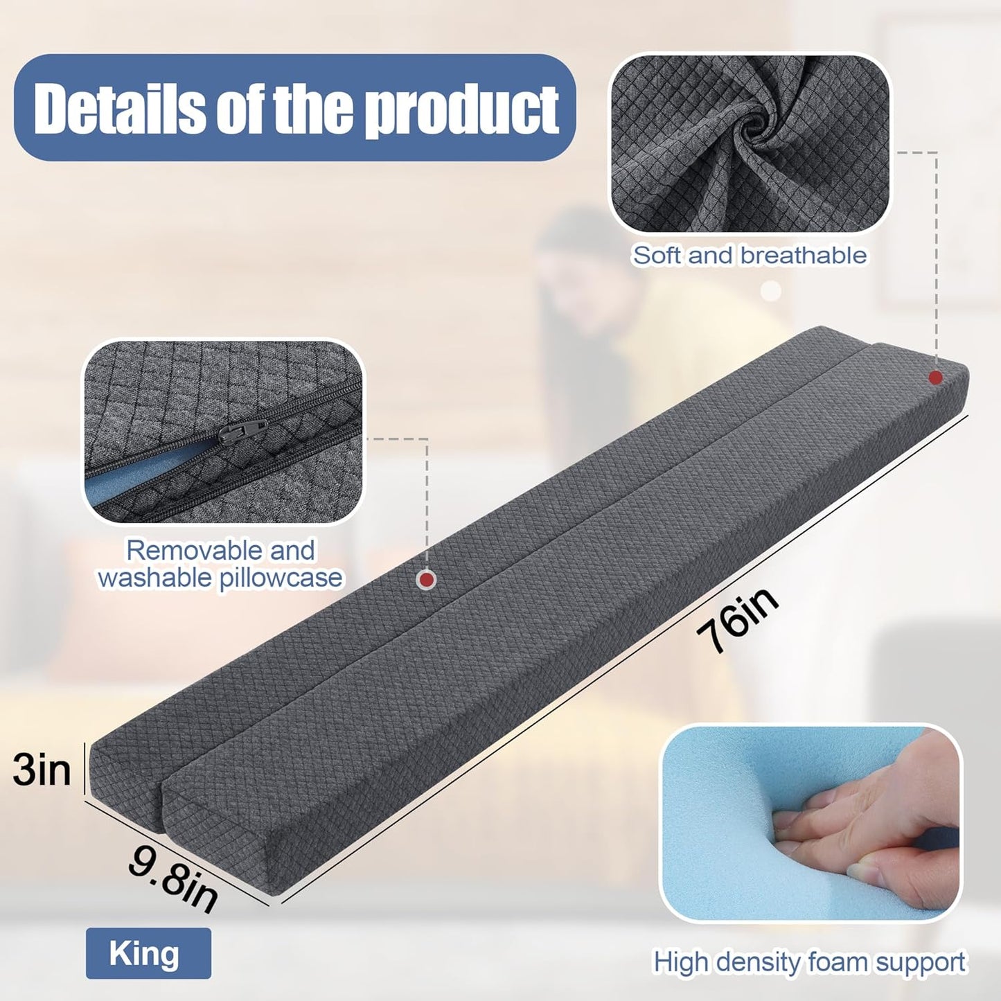 Flodable Pillow for Headboard Gap,Bed Gap Filler Queen Size,Adjustable Bed Wedge Pillow for Headboard,Rectangular Bed Gap Filler,Foam Mattress Gap Filler(Gray,Queen)