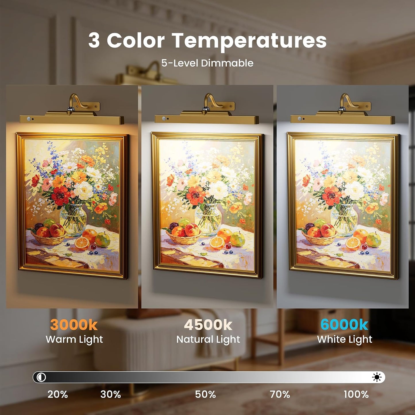 Wireless Picture Light for Wall Art Motion Sensor, 16 Inch, Black, 1 Pack | 5000mAh Rechargeable Battery, Cordless, Magnetic Detachable Bar, 3CCT Dimmable, Remote Control for Paintings and Artworks