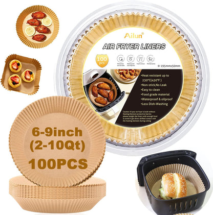 Ailun 100PCS Air Fryer Paper Liners 8 Inch,for 5-8 QT Air Fryer | Oil Resistant, Disposable Food Grade, Free of Bleach Paper, Round, Non-Stick Parchment Paper, Baking, Roasting, Microwave