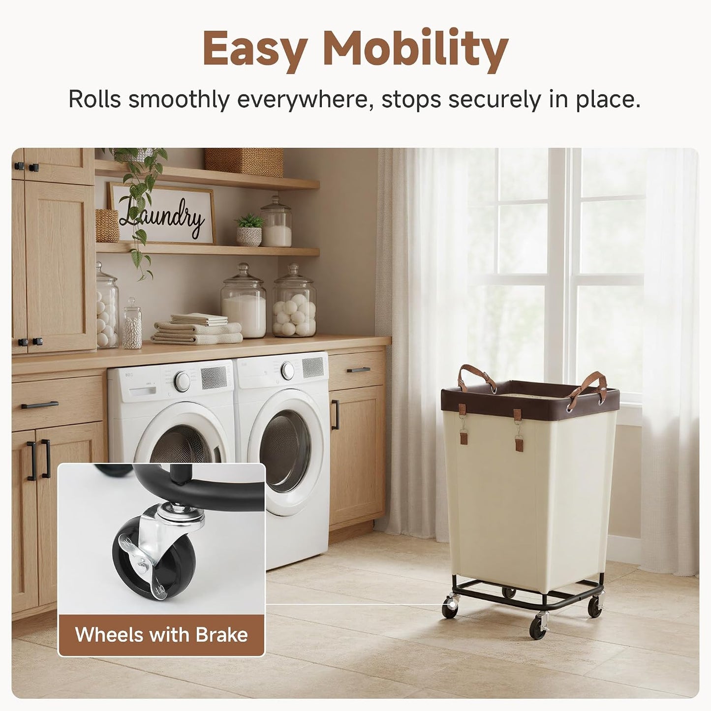 StorageWorks 160L Laundry Basket with Wheels, Rolling Hampers for Clothing | Beige Laundry Basket with Wheels, Metal Frame & Handles, Rolling Hamper for Bedroom, Bathroom, Dorm, Hotel