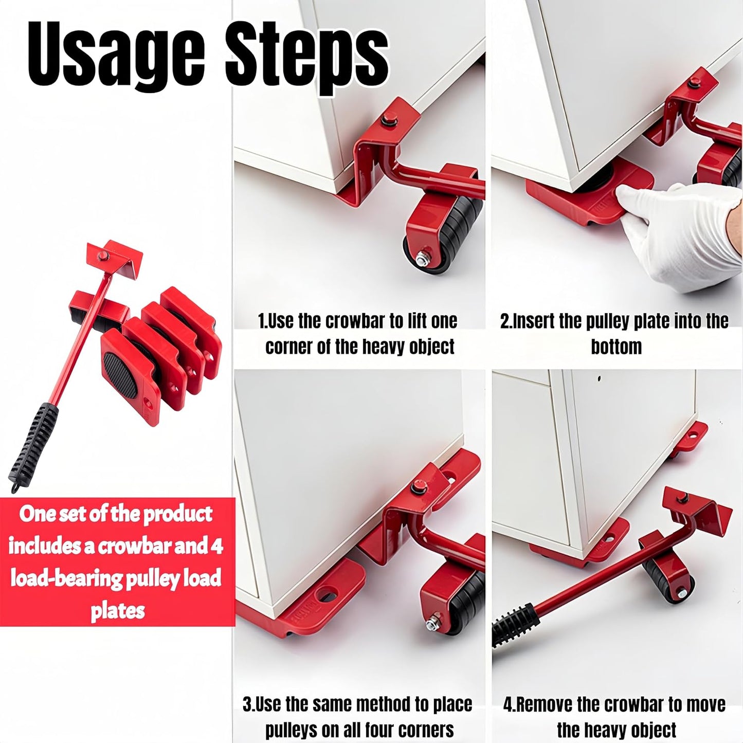 300 Lbs Capacity Heavy Furniture Dollies with Wheels – Furniture Moving Tool Set (1 Lever + 4 Sliders) – Appliance Lifter & Floor Protector Kit for Sofas, Fridges, Kitchen Appliances, Heavy Furniture