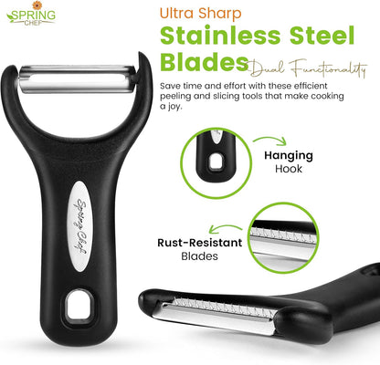 Spring Chef Swivel Potato Peeler & Julienne Vegetable Peeler w/Soft Handle | Premium Multifunctional Peelers for Kitchen with Sharp Stainless Steel Blades & Blade Covers, Dishwasher Safe Veggie Peelers