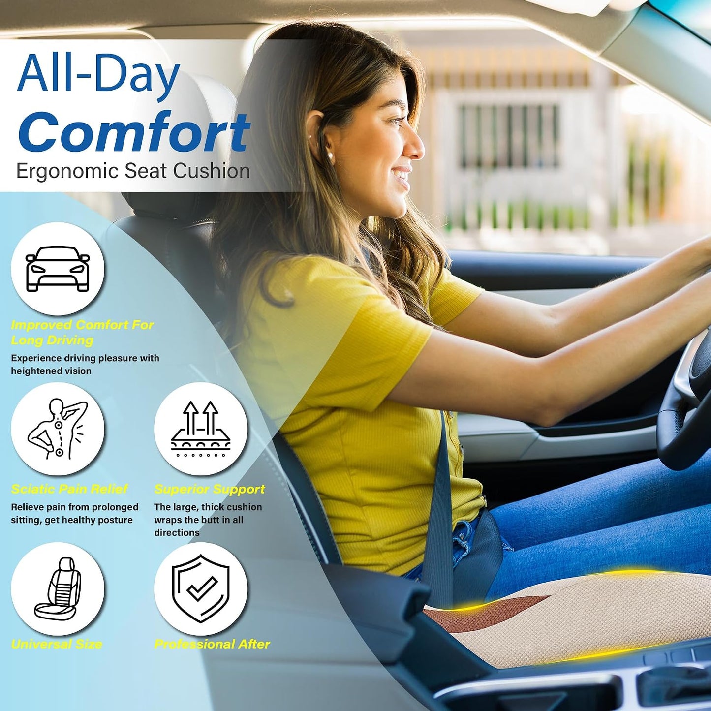 Allaboutsla Car Seat Cushion for Driving, Car Seat Pillow for Short Drivers | Ergonomic Memory Foam Seat Cushion for Pain Relief, Adult Booster Seat for Car, Butt Cushion for Car, Truck, Office, B&G