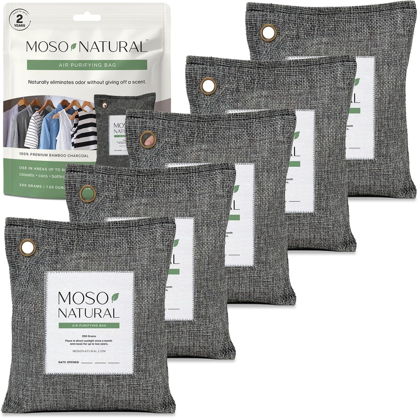 Moso Natural Air Purifying Bag 200g, Charcoal Odor Absorber, Car Odor Eliminator & Closet Deodorizer for Home & Pet, Lasts 2 Years, Unscented Bamboo Charcoal Bags, HGTV Editors' Pick