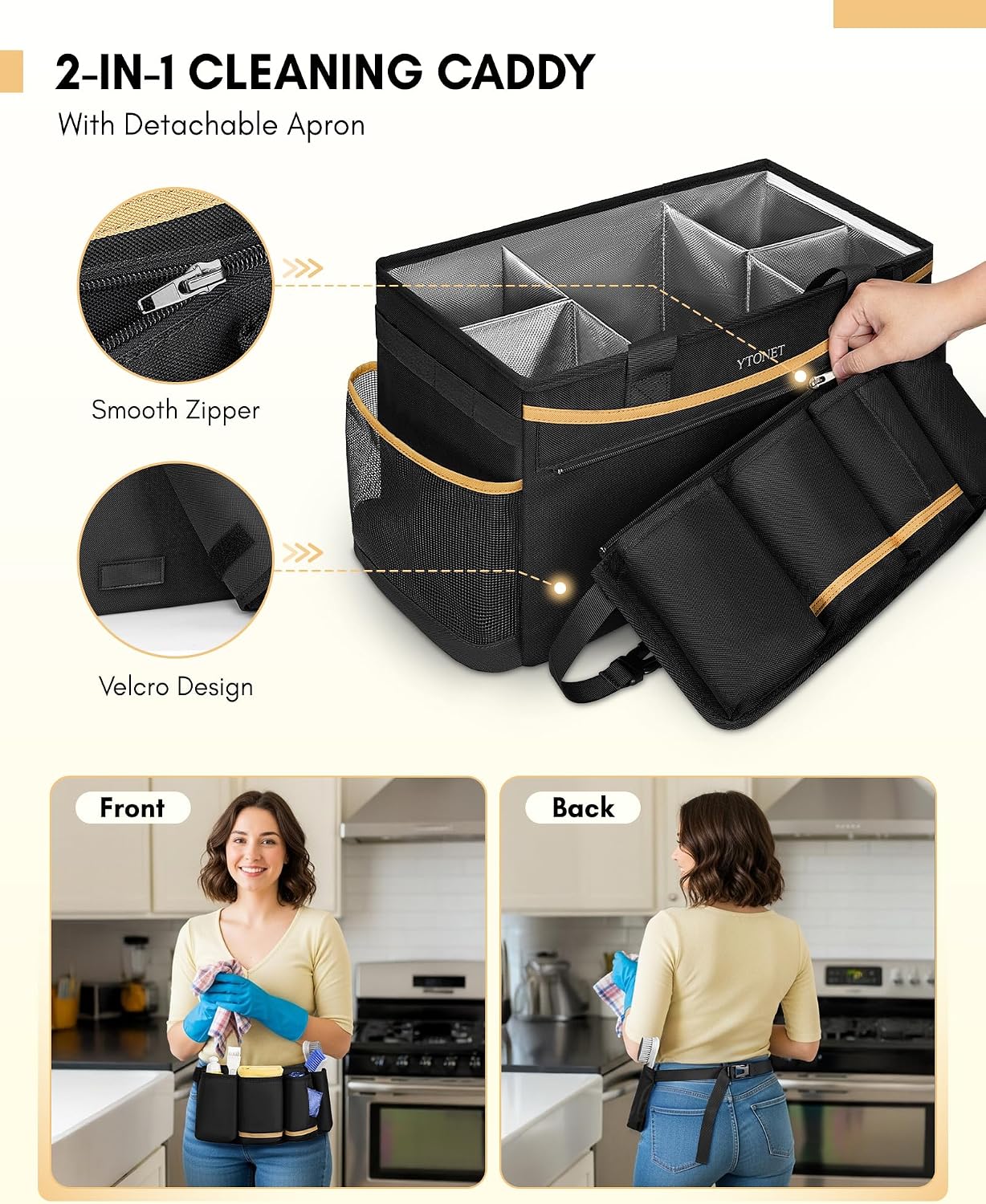 Ytonet Cleaning Caddy Bag, Extra Large Cleaning Supplies Organizer, Black | Detachable Apron & Foldable Dividers, 900D Cleaning Tote with Handle, Portable Cleaner Caddy for Housekeeper, Detailing Bag