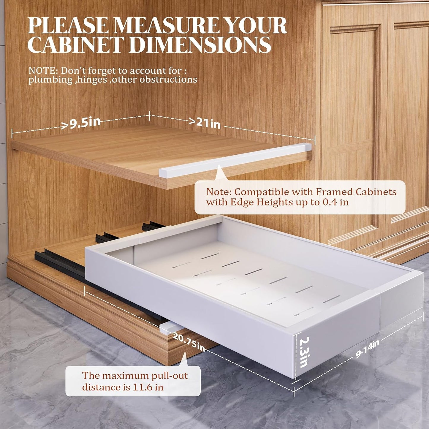 Seinloes 4 Pack Expandable Pull Out Cabinet Organizer 21"Deep With Raising Pad for Framed Cabinets,Upgrade 3 Slide Rails Slide Out Drawers,No Drill Roll Out Shelves,Adjustable Width 12.1"-20.4" White