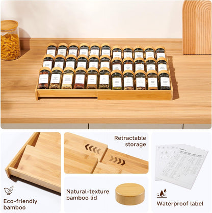 3-Tier Expandable Bamboo Spice Drawer Organizer, Adjustable Width 12" to 21", Kitchen Storage with 36 Glass Jars & Bamboo Lids, 216 Labels, Non-Slip Design for Cabinet & Countertop