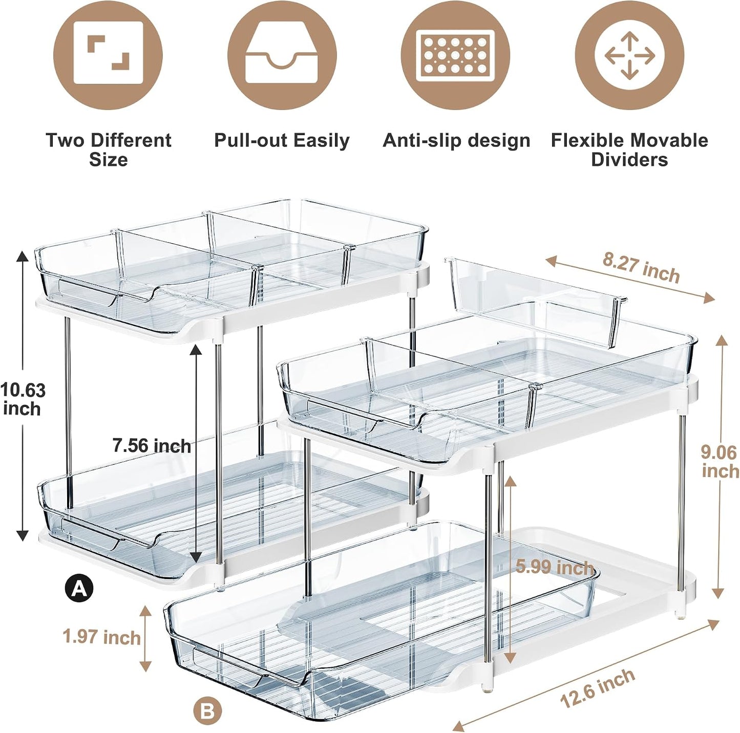 Delamu 2-Tier Multi-Purpose Bathroom Under Sink Organizers and Storage, Stackable Kitchen Pantry Organization, Pull Out Medicine Cabinet Organizer with Movable Dividers, White, 2 Pack