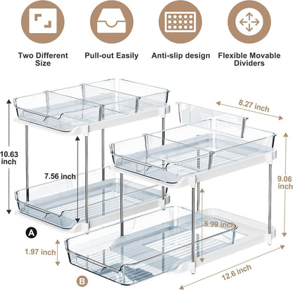 Delamu 2-Tier Multi-Purpose Bathroom Under Sink Organizers and Storage, Stackable Kitchen Pantry Organization, Pull Out Medicine Cabinet Organizer with Movable Dividers, White, 2 Pack