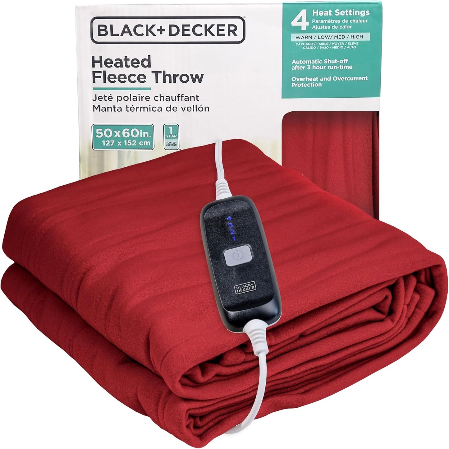 Black+Decker Heated Blanket Electric Throw, Fleece Electric Blanket, Heating Blanket with 4 Heating Levels, 3H Timer, Auto Shutoff, Fast Heating (50x60 inches, Grey)