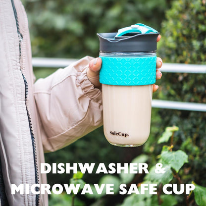 Large Travel Mug Loose Tea Infuser - Detachable Tea Strainer with Spill Proof Lid - 18oz/530ml BPA-Free Reusable Glass Travel Coffee Cup with Silicone Band (Ice Cream, 18oz)