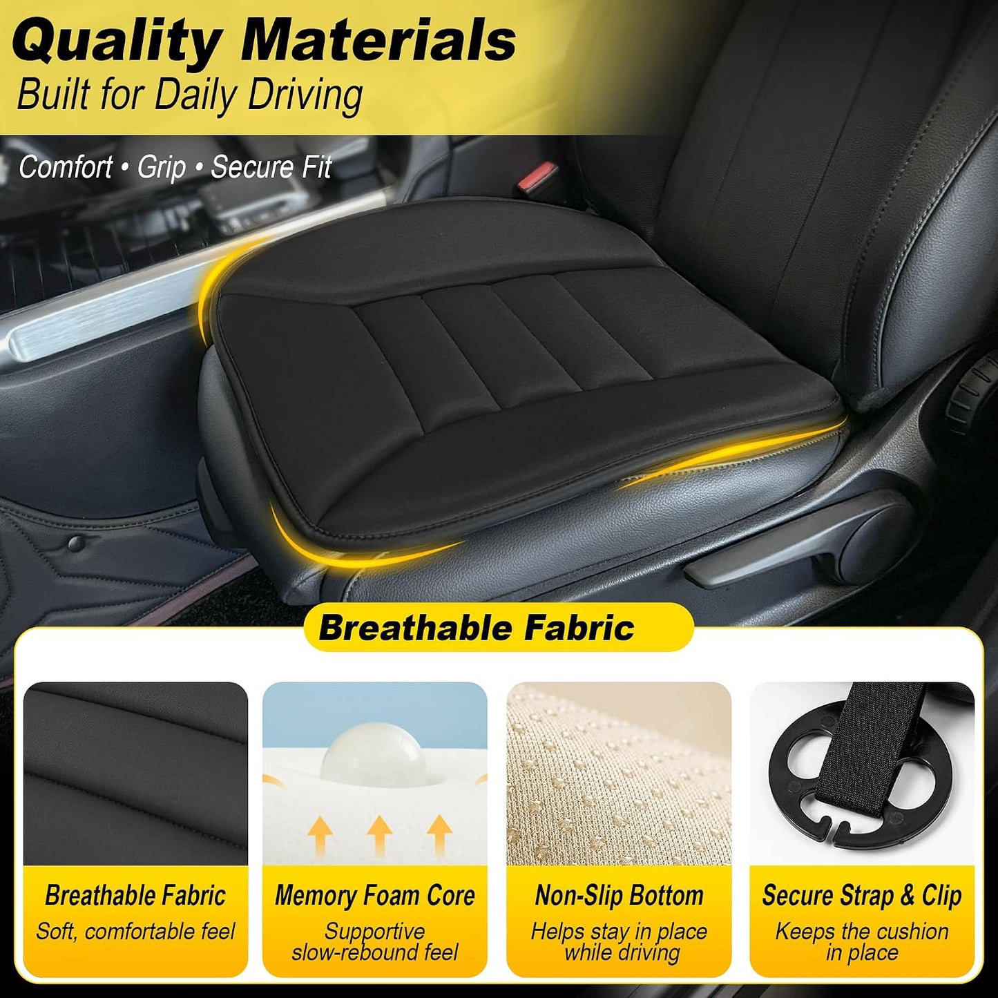kingphenix Memory Foam Car Seat Cushion for Driver and Office Chair Comfort | 1.2-Inch-Thick Memory Foam Seat Pad, Soft, Breathable Fabric, Non-Slip Silicone Bottom for Long Drives and Office Use, Black