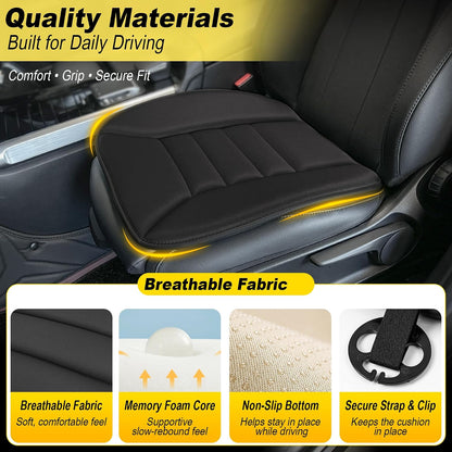 kingphenix Memory Foam Car Seat Cushion for Driver and Office Chair Comfort | 1.2-Inch-Thick Memory Foam Seat Pad, Soft, Breathable Fabric, Non-Slip Silicone Bottom for Long Drives and Office Use, Black