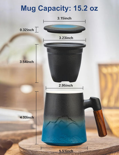 suyika Tea Cup with Infuser and Lid, 15.2 Ounce Wood Handle Ceramic Loose Leaf Mug Gradient Black&Green 450ml