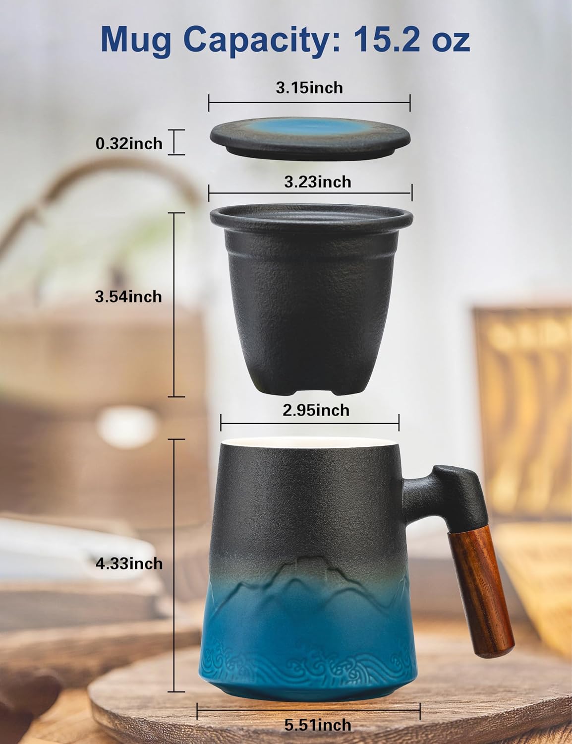suyika Tea Cup with Infuser and Lid, Gradient Black & Blue, 15.2oz /450ml
