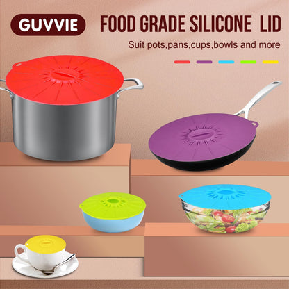 Silicone lids - 5 Pack Heat Resistant Microwave Splatter Cover, Reusable silicone Suction lids for food storage Fits Bowls, Cups, Skillets, Plates, Pots, Pans StoveTop, Oven, Fridge Safe