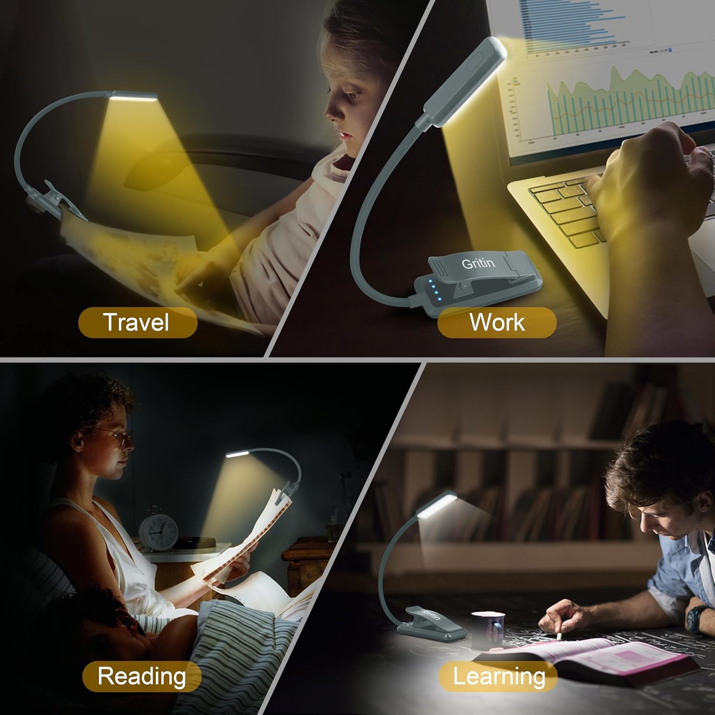 Gritin 9 LED Rechargeable Book Light for Reading in Bed | Eye Caring 3 Color Temps,Stepless Dimming Brightness,80 Hrs Runtime Small Lightweight Clip On Book Reading Light for Studying
