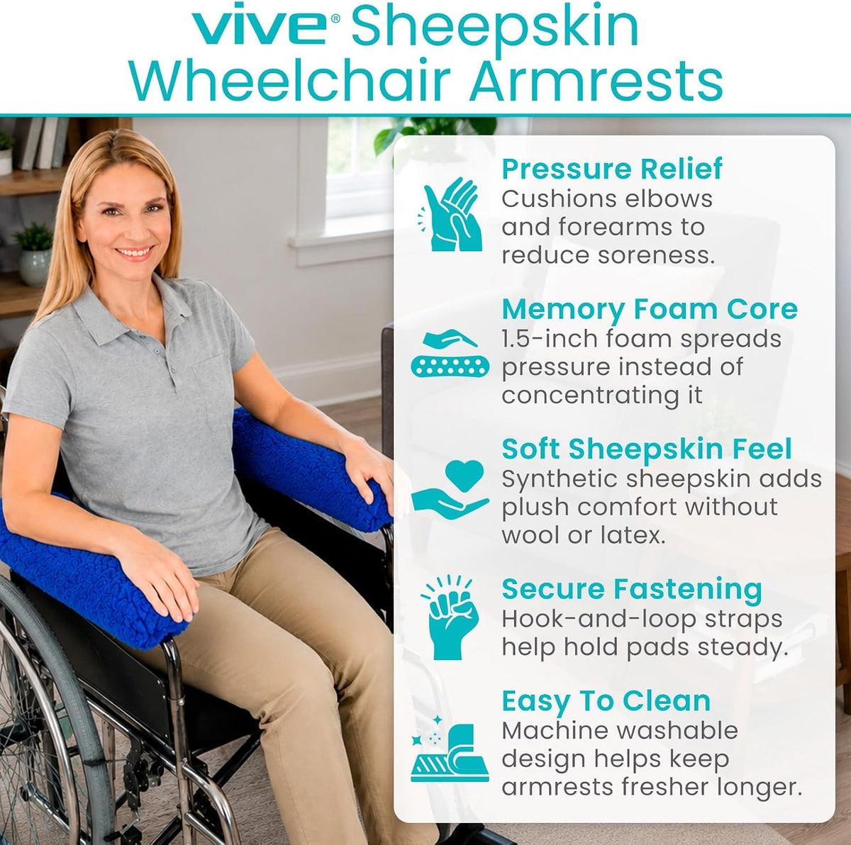 Vive Wheelchair Armrest Pads (2 PCS) - Memory Foam Sheepskin Cushion