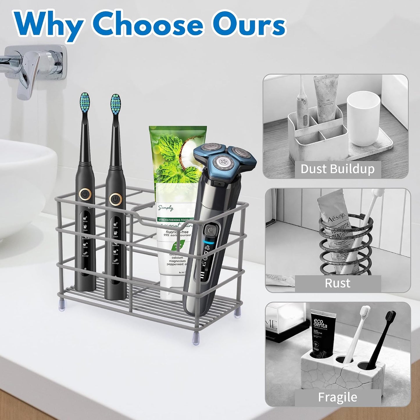 Electric Toothbrush Holders for Bathrooms 304 Stainless Steel Quick Drying | Upgrade Heavy Duty Sturdy Durable Toothpaste Holder Bathroom Organizer Storage Decor Accessories Tooth Brush Holder Caddy
