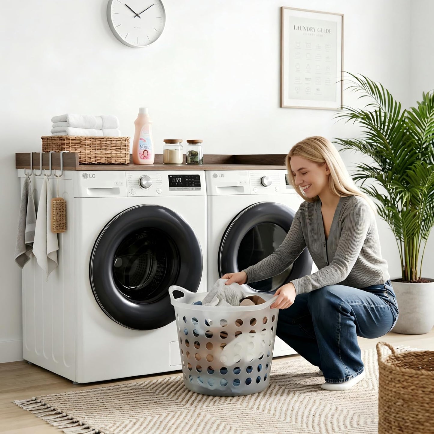 2-Tier Washer Dryer Countertop with Shelves & Metal Hooks, 27" W x 27.5" D Large Laundry Topper for Room Organization & Folding Clothes & Storage(Oak)