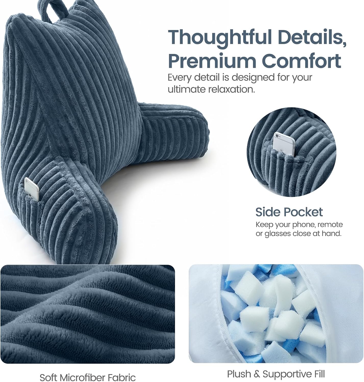 Reading Pillow for Sitting up in Bed, Adjustable Memory Foam Bed Rest Pillow, Wide-wale Plush Cover Machine Washable, Neck Back and Lumbar Support Pillow-Grey