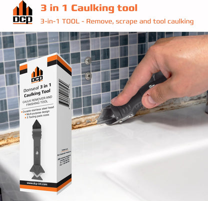 DCP Donseal 3 in 1 Caulking Tool Kit – Silicone Caulking Tool for Removal, Scraping & Finishing – Precise Caulk Remover & Applicator with 5 Tooling Pads – Stainless Steel Caulk Scraper for Smooth Seal