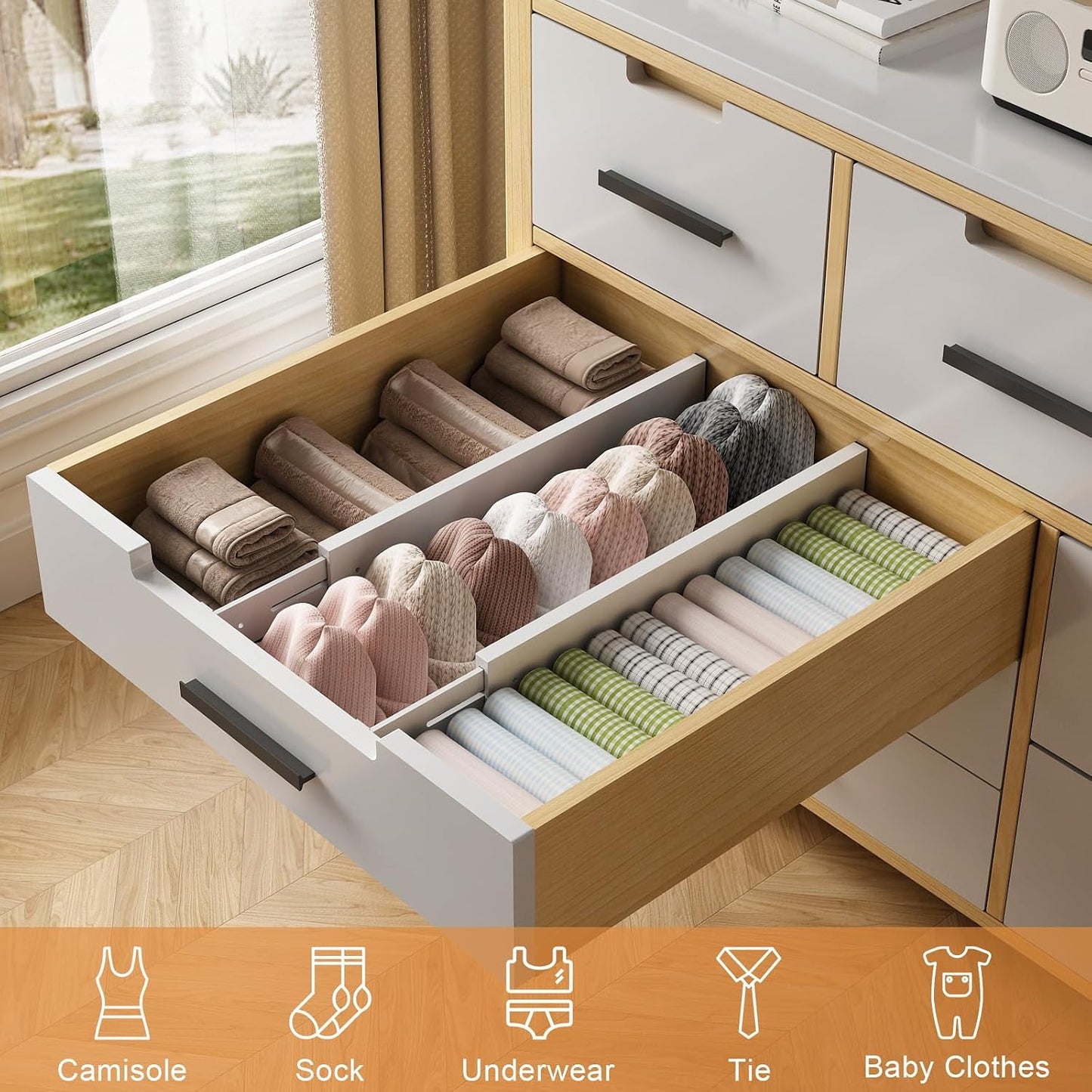 Bamboo Drawer Dividers, Adjustable Drawer Organizers, Fits 12.6–16" Drawers | 2.5" High, 4 Pack Expandable Drawer Separators for Kitchen, Nursery, Dressers & Office Storage, Natural
