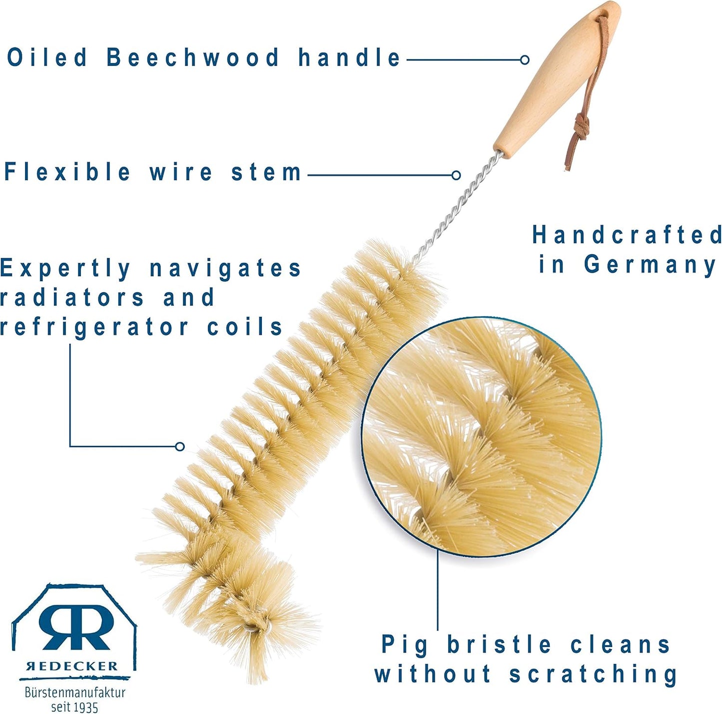 Redecker Natural Pig Bristle Radiator Brush with Oiled Beechwood Handle, 18-1/2-Inches