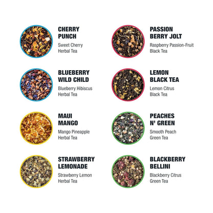 Tiesta Tea - Top 8 Favorites Sampler Set, Loose Leaf, Up to 80 Cups | High to No Caffeine, Hot & Iced, Tea Variety Pack with Green, Herbal, & Black, 8 Sample Pouches